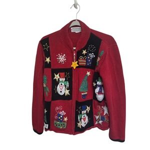Vimtage Tiara International Christmas Red Snowman Tree Sweater Cardigan‎